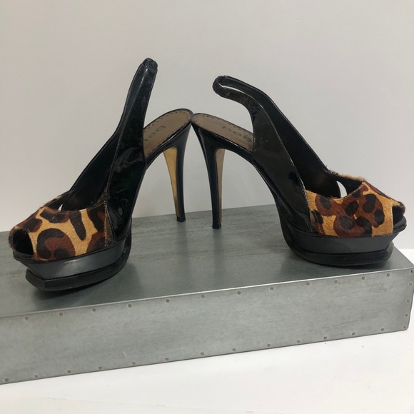Bebe Leopard Platform Sling Back Stilettos Patented Leather Sz 5 - Picture 4 of 10